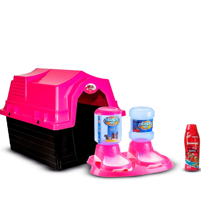 Kit Casinha N4 + Kit Comedouro e Bebedouro Automáticos + Shampoo